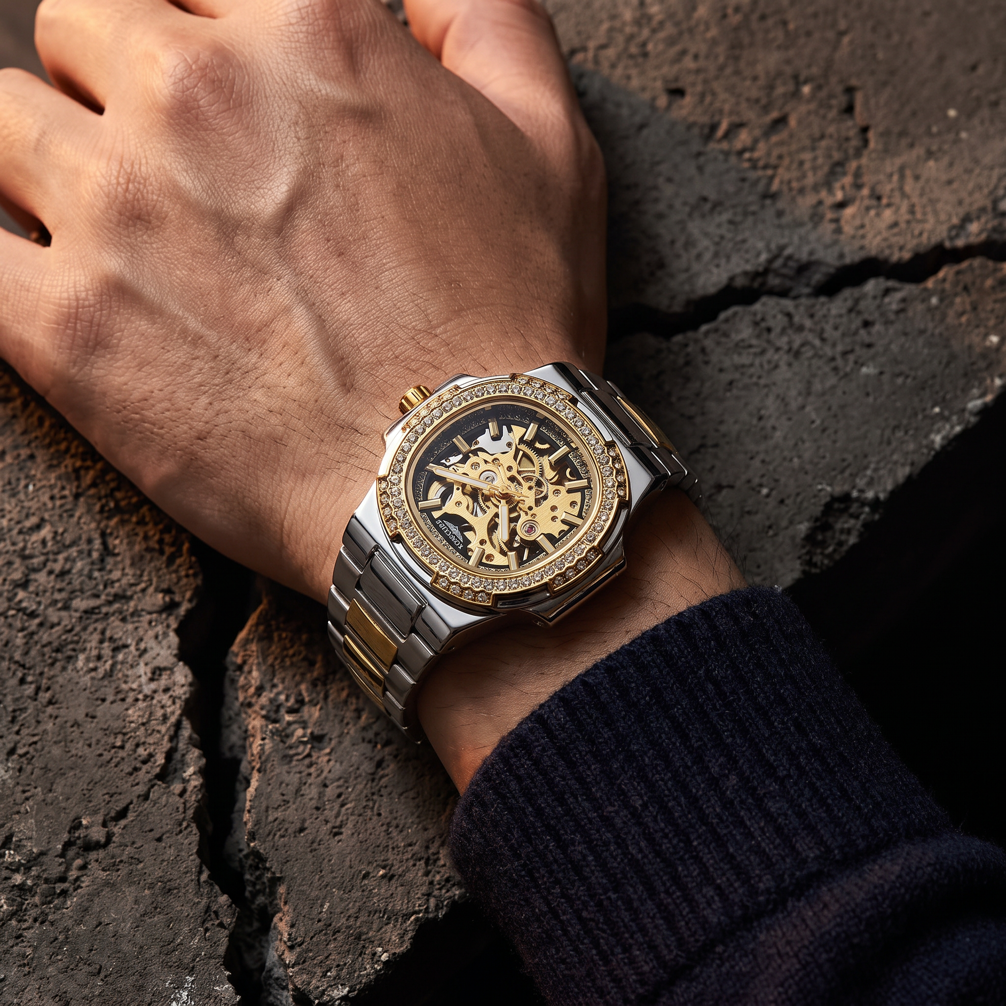 Monaco Skeleton Automatic Watch Gold black - closeup mostrador