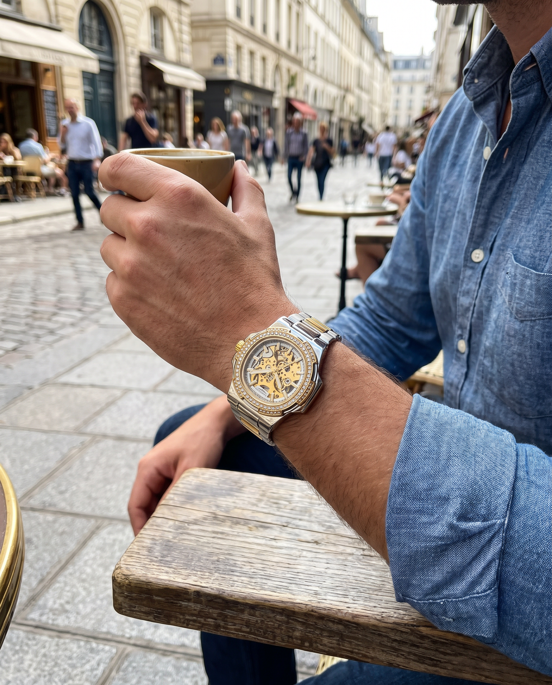 Monaco Skeleton Automatic Watch dourado no pulso - lifestyle casual