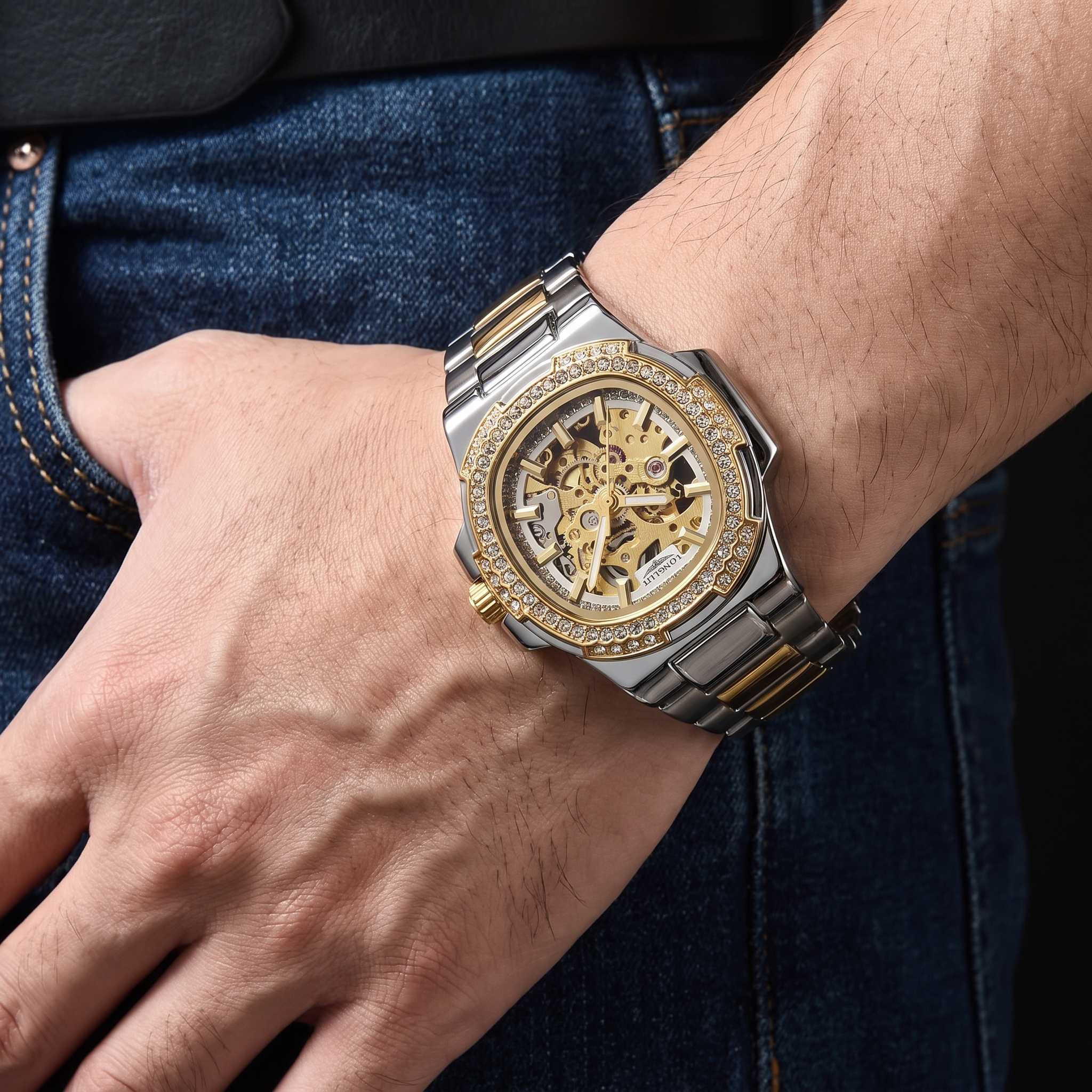 Monaco Skeleton Automatic Watch dourado - closeup detalhe mostrador
