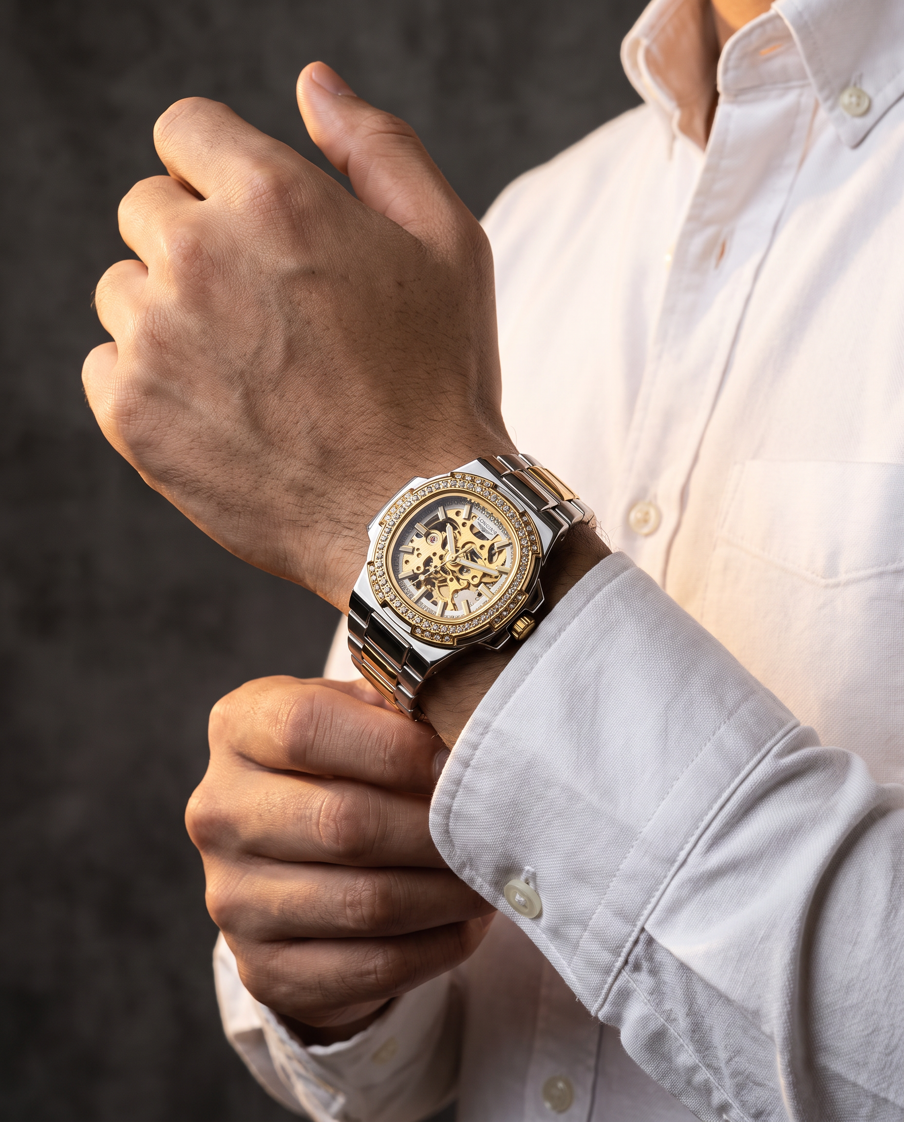 Monaco Skeleton Automatic Watch Golden white no pulso - editorial variante