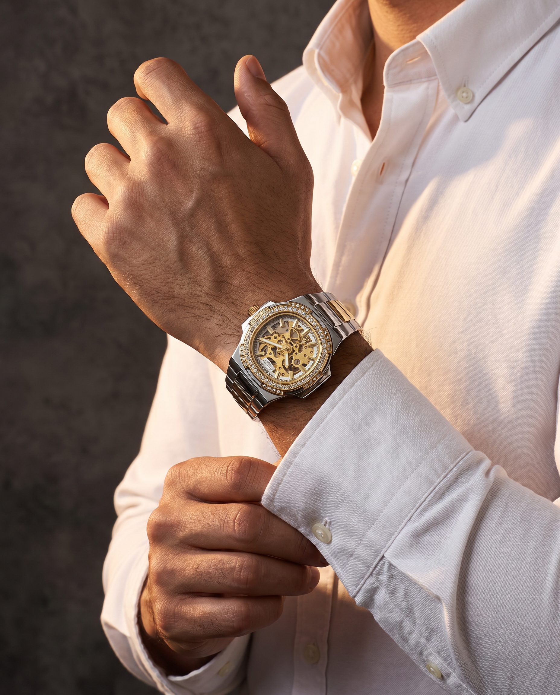 Monaco Skeleton Automatic Watch Golden white no pulso - editorial