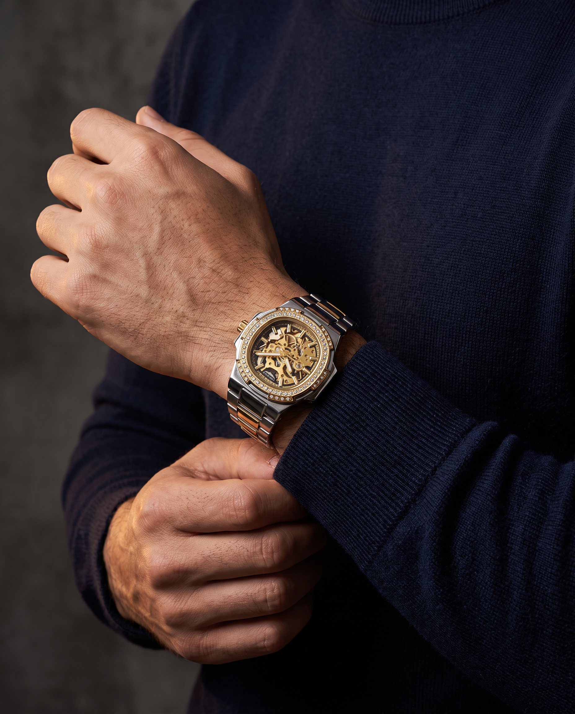Monaco Skeleton Automatic Watch Gold black no pulso - editorial variante