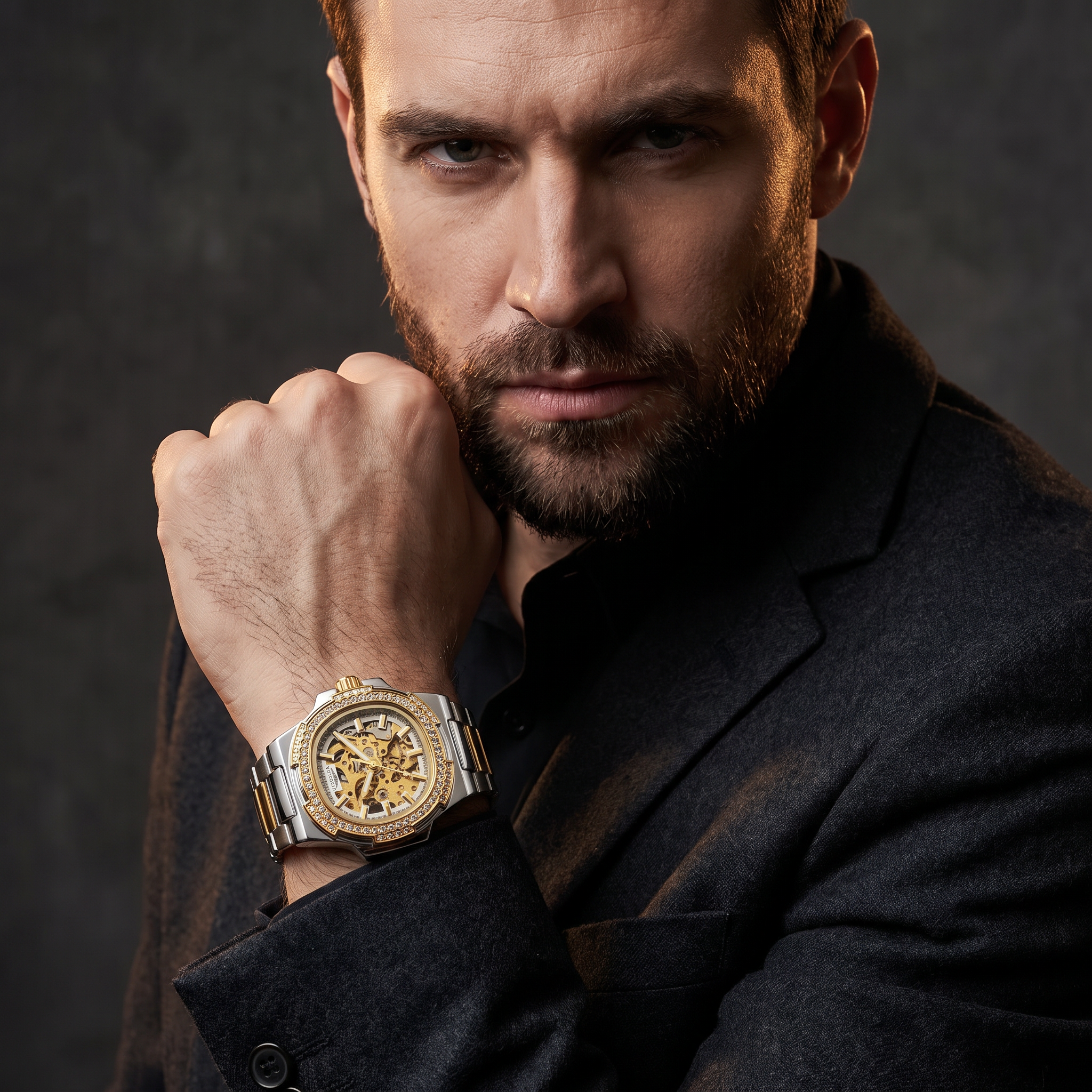 Monaco Skeleton Automatic Watch dourado - punho erguido, blazer escuro, olhar direto