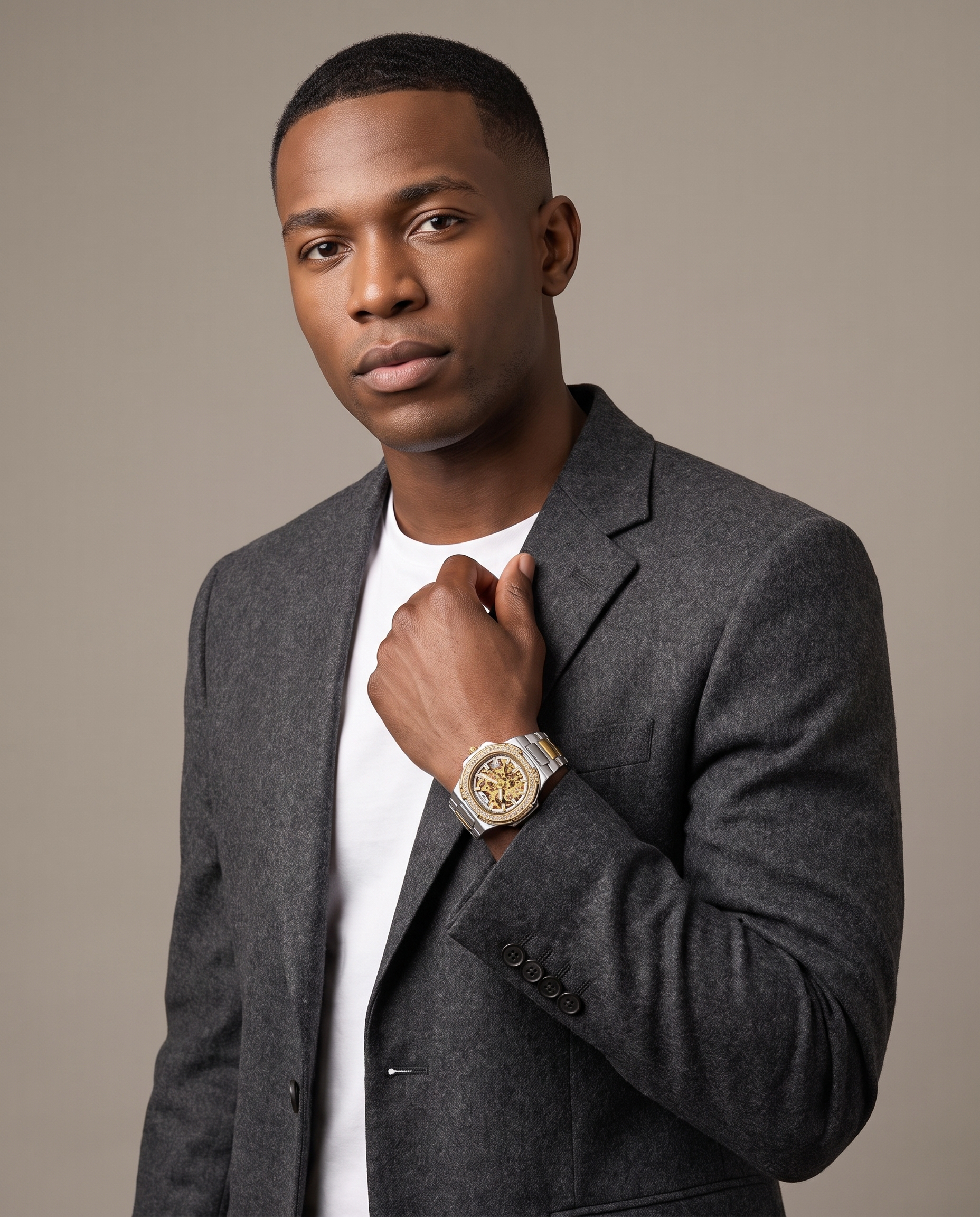 Monaco Skeleton Automatic Watch Golden white - editorial ajustando gola