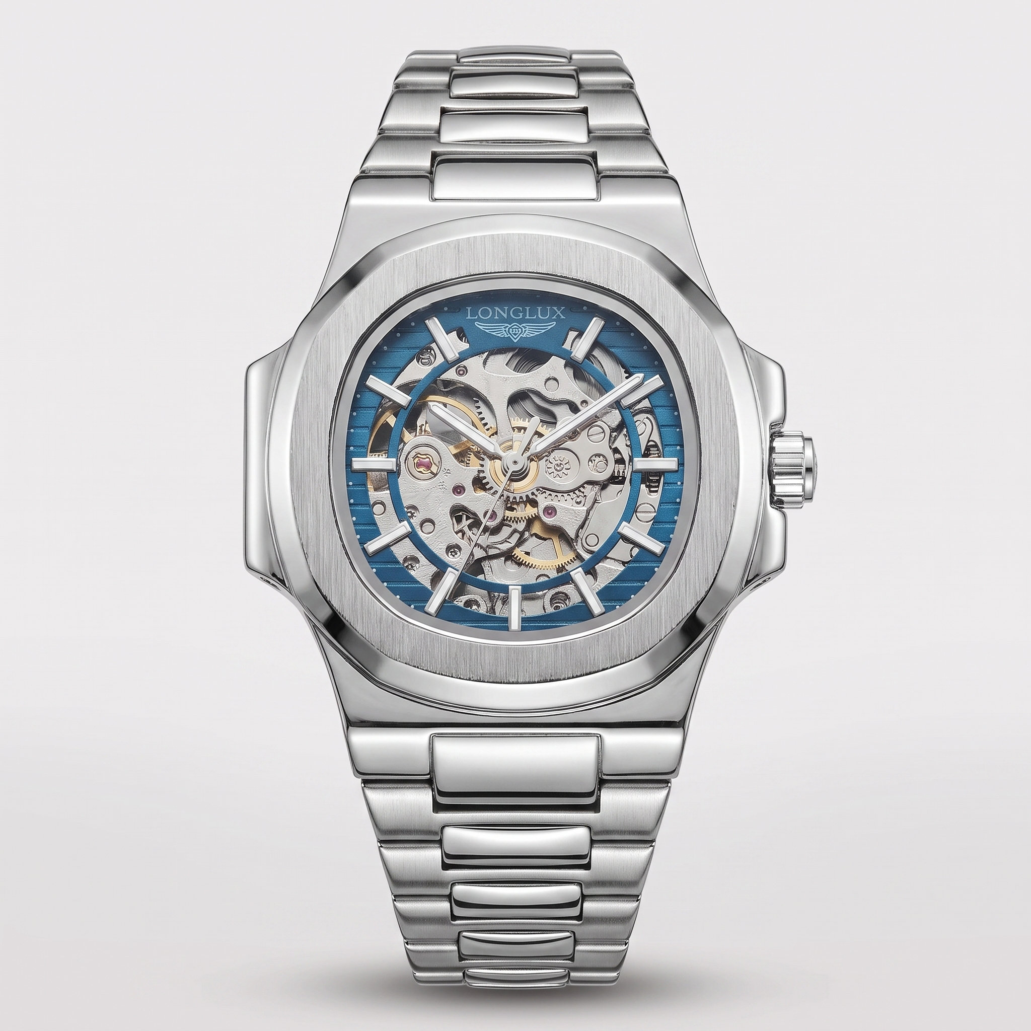 Geneva Automatic Skeleton Watch Blue Silver - frontal fundo branco
