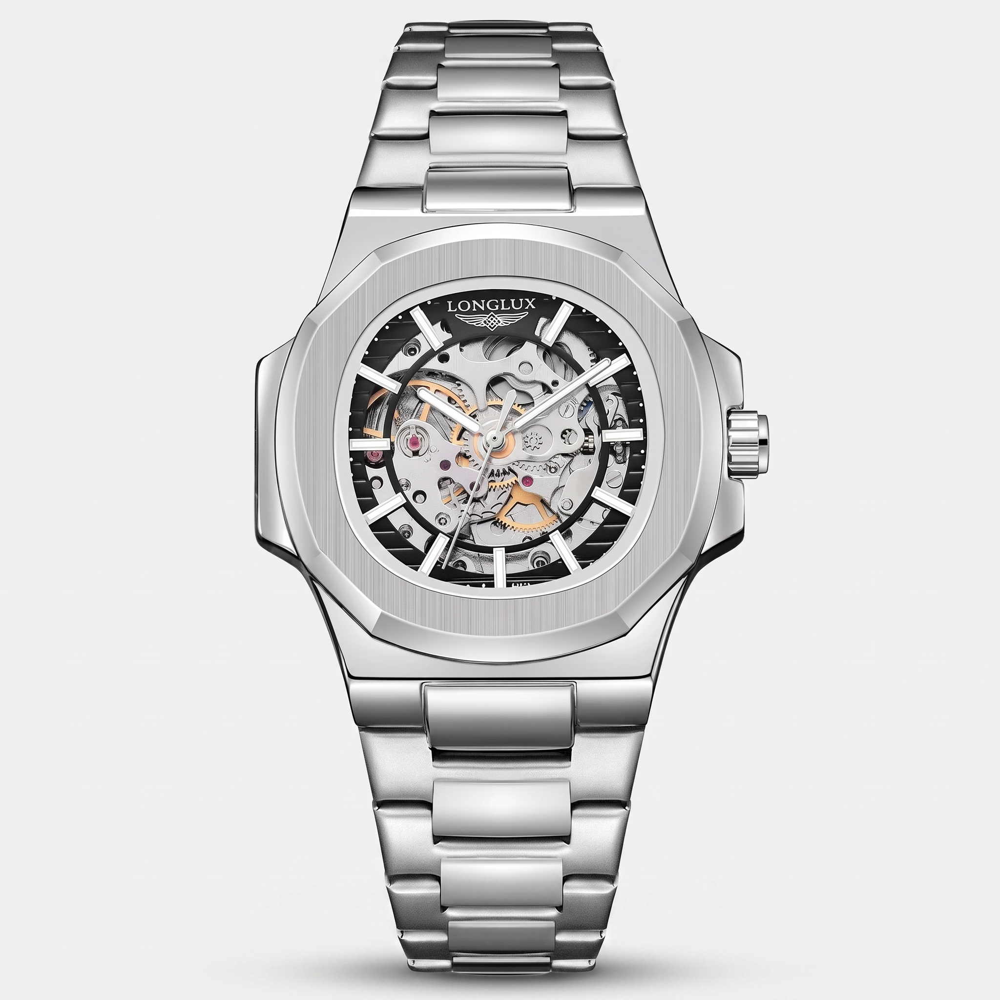 Geneva Automatic Skeleton Watch Silver black - frontal fundo branco